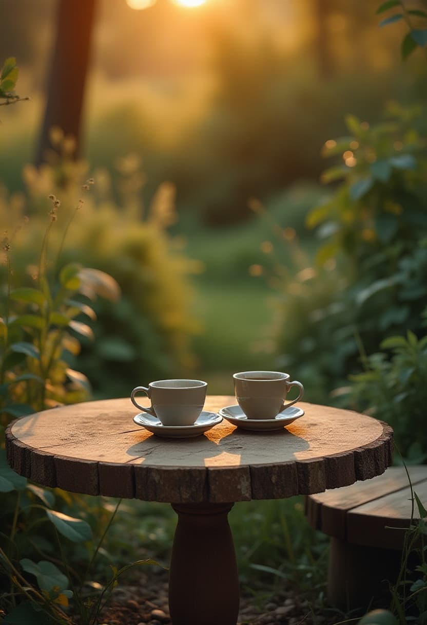 Consistent AI beeld van een houten tafel buiten in een tuin met twee koppen koffie