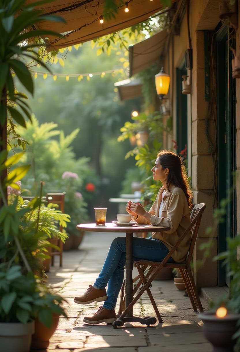 Consistent AI beeld van een vrouw die voor een cafe buiten geniet van de zon met een kop koffie
