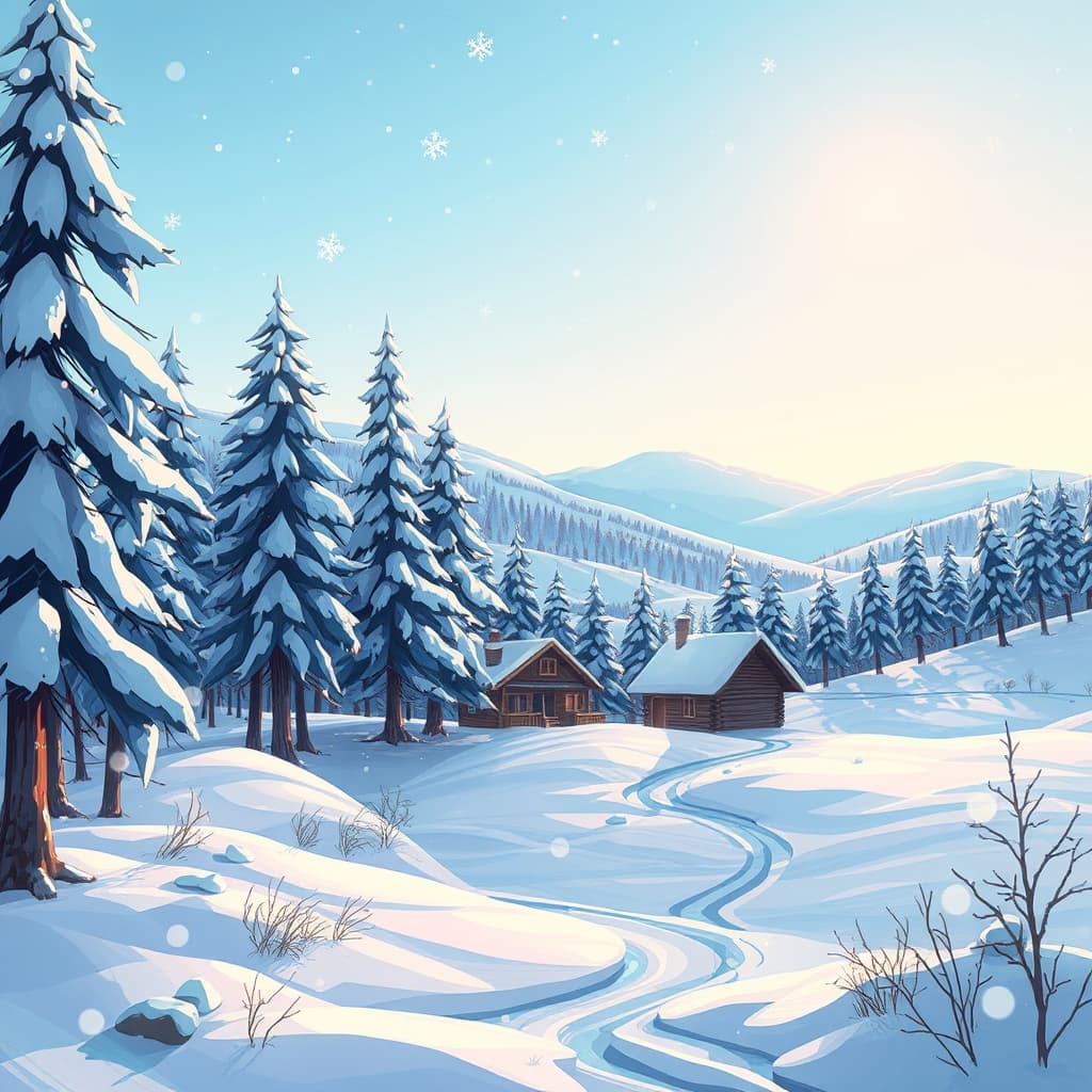 Een artistieke illustratie van een winters landschap met een weg naar een houten huis, gemaakt met de Winters Mysterie stijl van AI Visual Branding