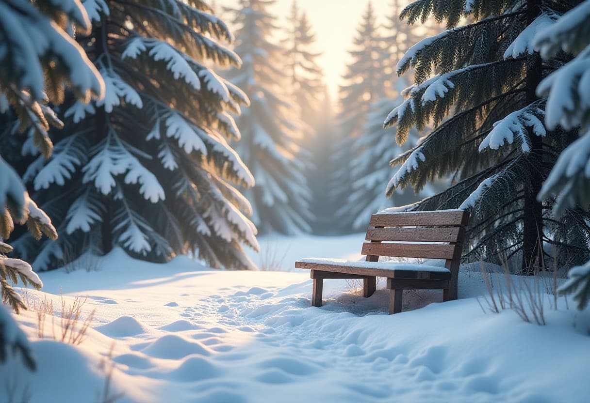 Winterse foto van een bankje in de sneeuw gemaakt met winter stijlen 2024 AI Visual Branding