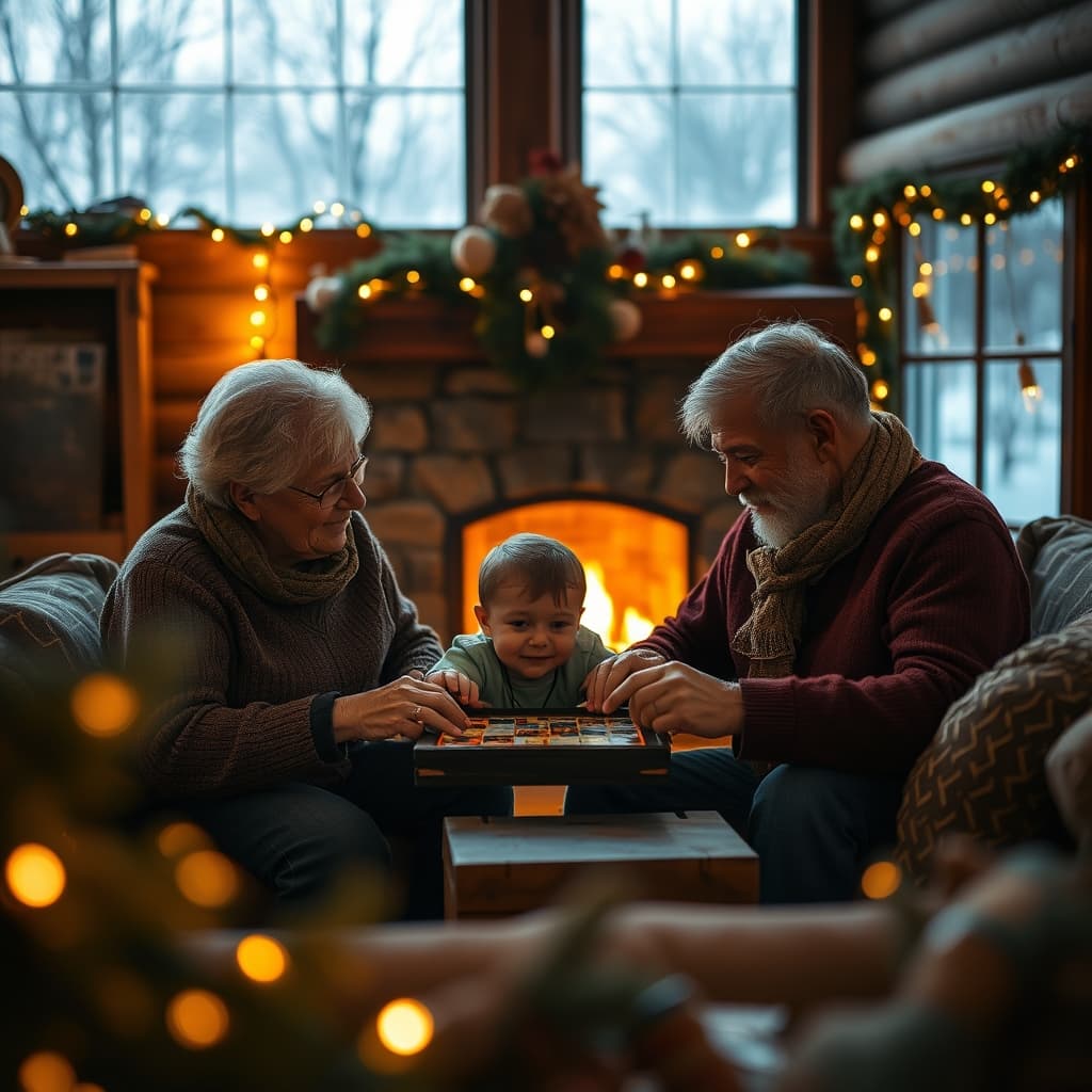 Een opa en oma met kind, in een warm en gezellig huis, gemaakt met de Winterse Gezelligheid stijl van AI Visual Branding