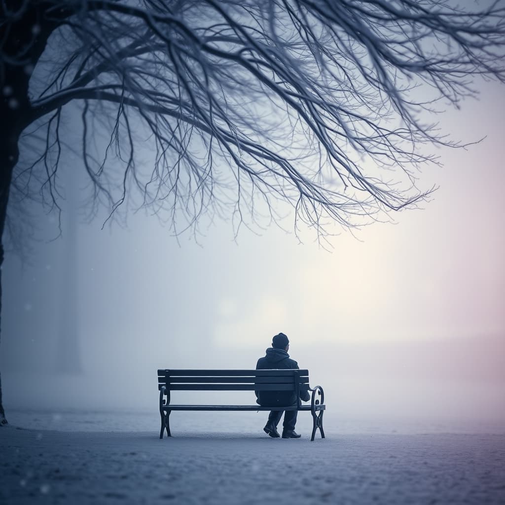 Een man zit op een bankje onder een boom in de sneeuw, koude tinten gemaakt met de Winters Mysterie stijl van AI Visual Branding
