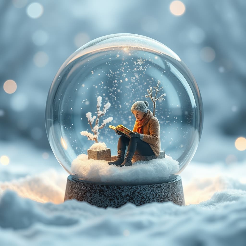 Een sneeuwbol met een persoon die een boek leest in de sneeuw, gemaakt met de Sneeuwbol stijl van AI Visual Branding