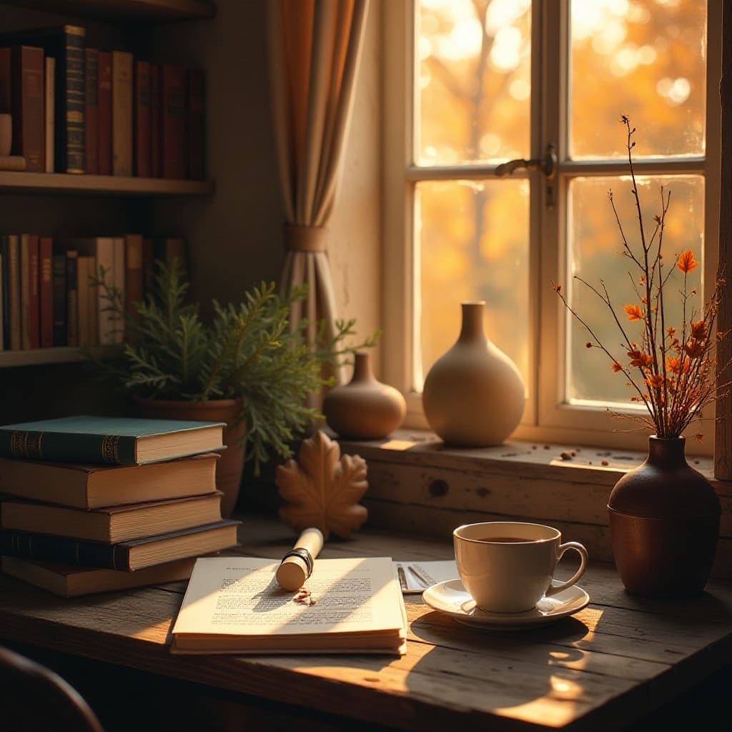 Gezellige woonkamer in warme herfstkleuren gemaakt met de Herfst Warm en Gezellig stijl van AI Visual Branding