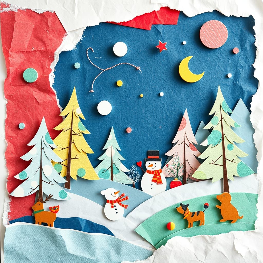Een papieren collage van een winters landschap met sneeuwpoppen onder een sterrenhemel, gemaakt met de Winters Mysterie stijl van AI Visual Branding