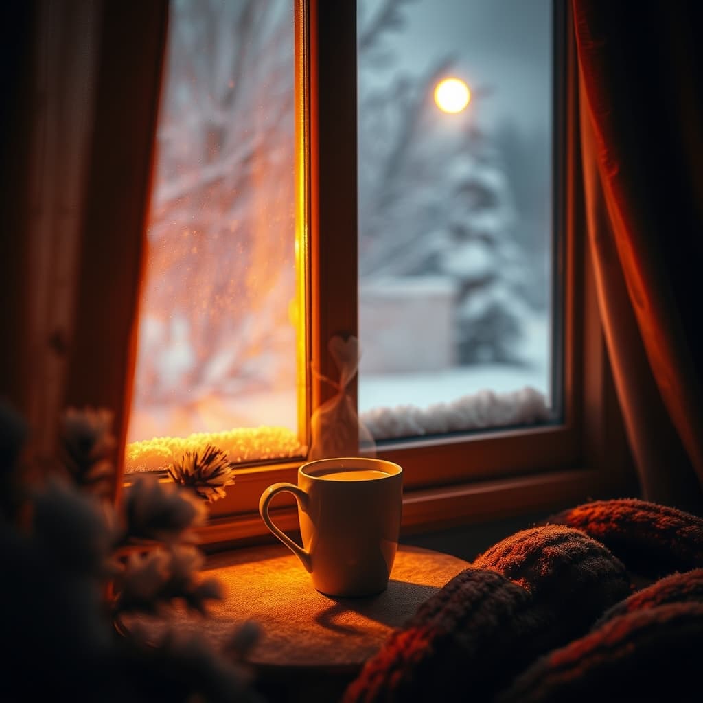 Een kop koffie in het raam kozijn, warme tinten gemaakt met de Winterse Gezelligheid stijl van AI Visual Branding