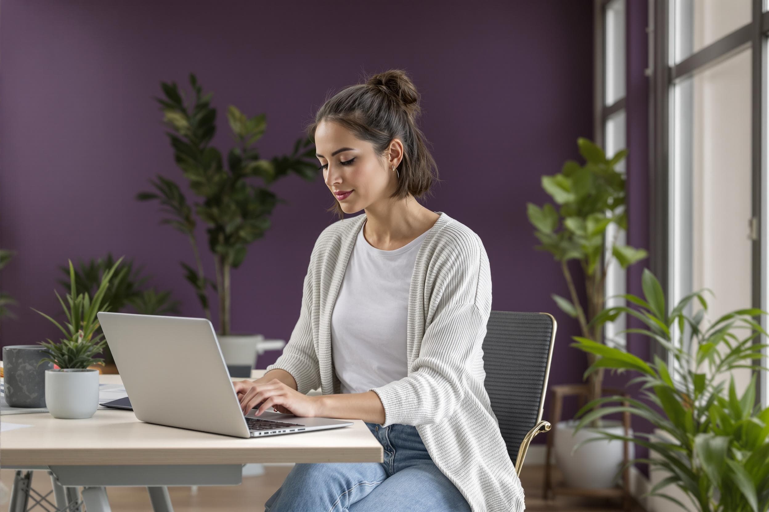 AI generated image of a user working on a laptop with a purple background