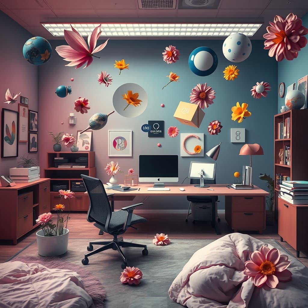 Lente kunst met bloemen en groen elementen