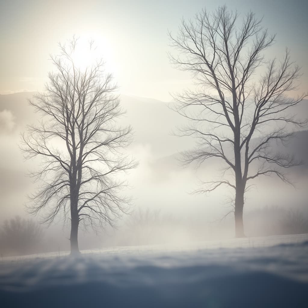 twee bomen in de sneeuw, ochtend licht en mist, gemaakt met de Winters Mysterie stijl van AI Visual Branding
