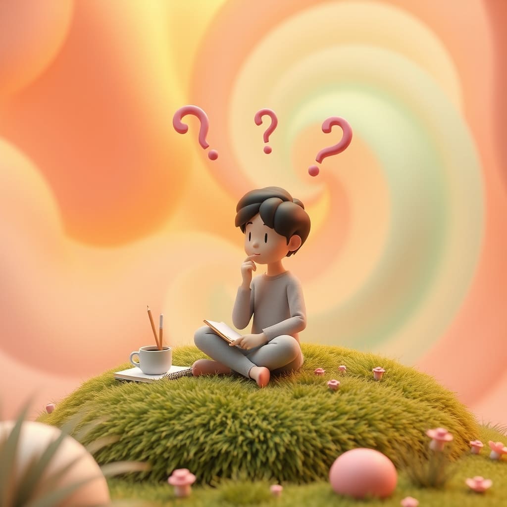 Een dromerige 3D illustratie van een karakter dat aan het brainstormen is in de natuur.