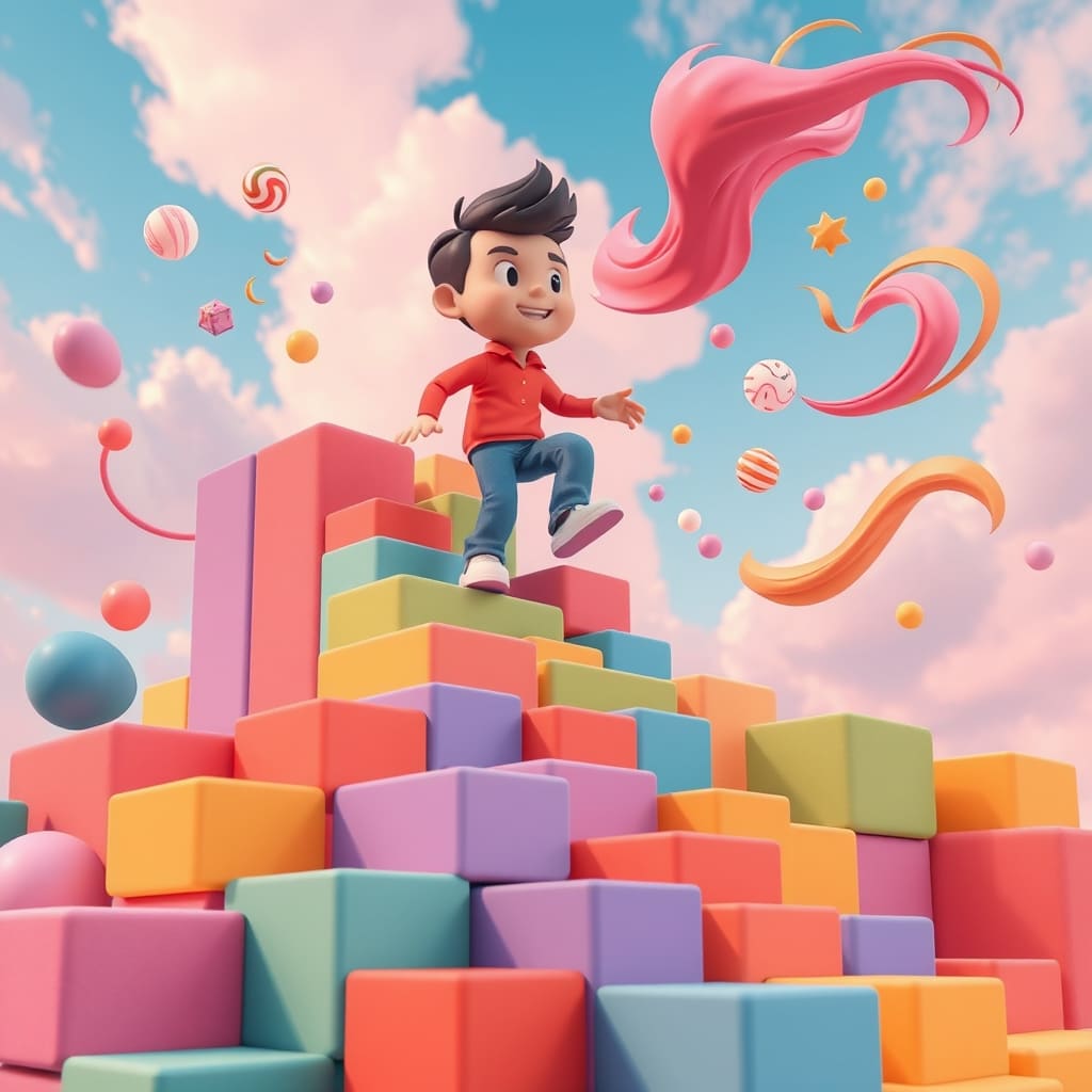 Speelse 3D illustratie met zachte vormen en kleuren.