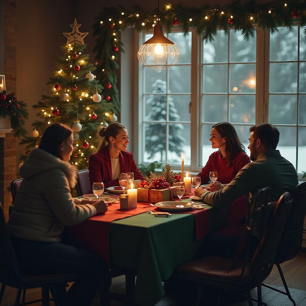Collega's in een vergaderruimte met feestelijke lichtjes en decoratie